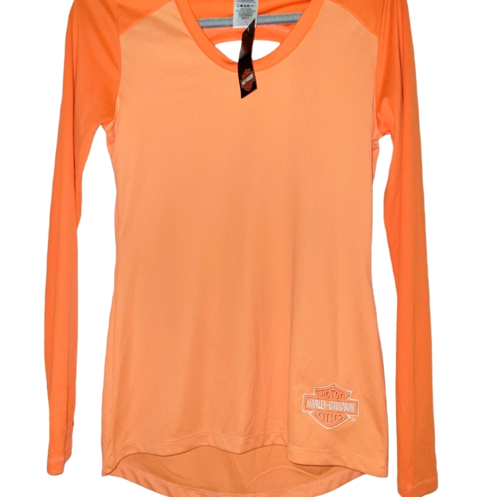 Harley Davidson, NWT, 2 Shades of Orange, Scoop Neck, Long sleeve, Thin, Women S
